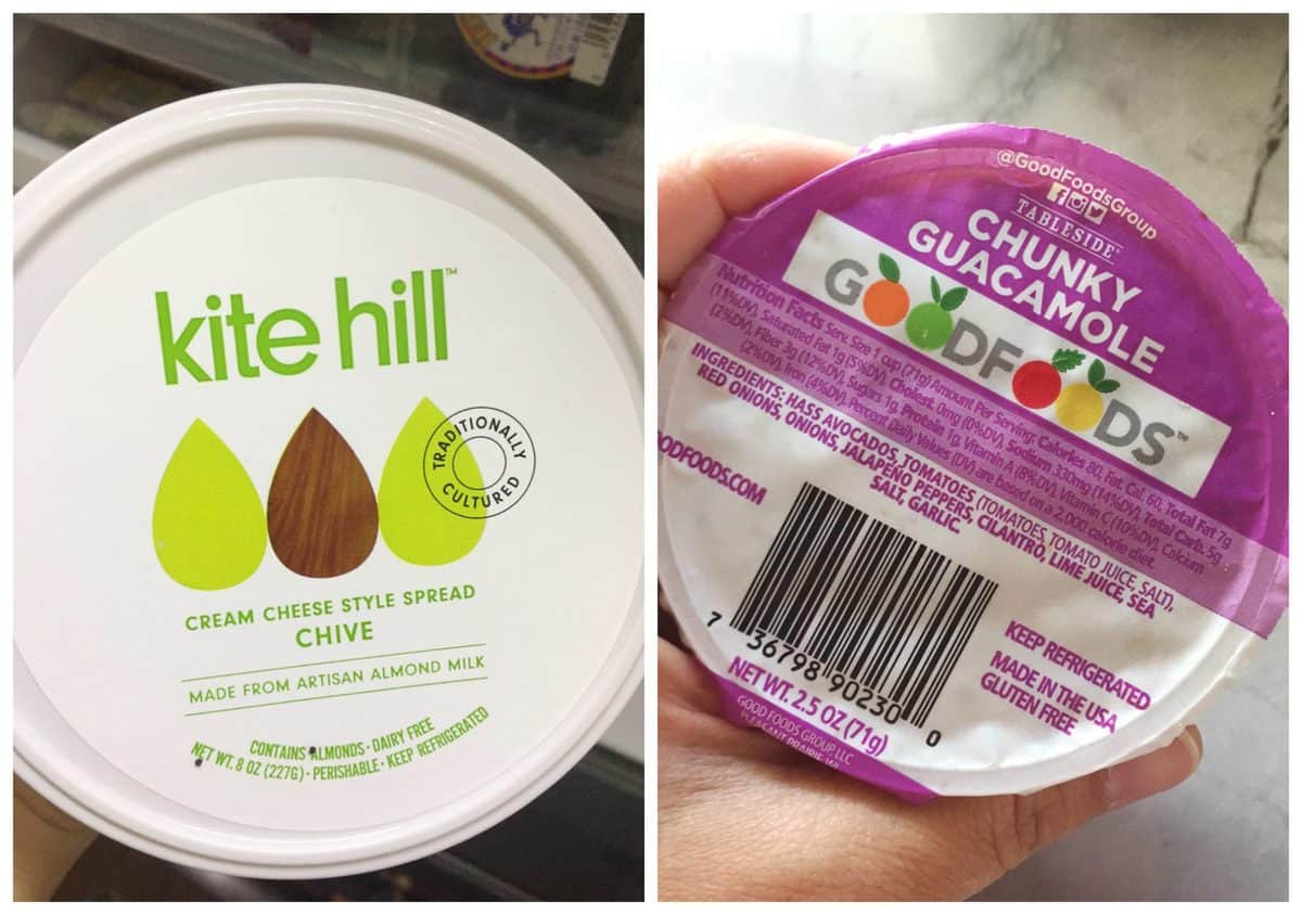 Dairy Free Breakfast Items: Kite hill cream cheese style spread and chunky quacamole.