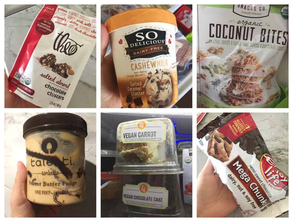 6 photo collage of some Dairy Free Desserts including ice cream, gelato, cookies, and cake.