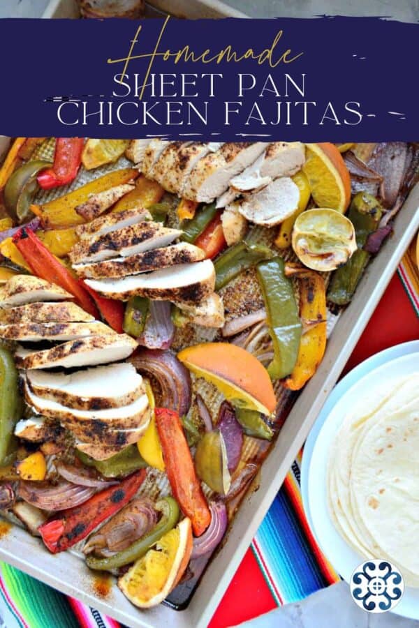 Sheet pan filled with chicken and peppers with recipe title text on image for Pinterest.