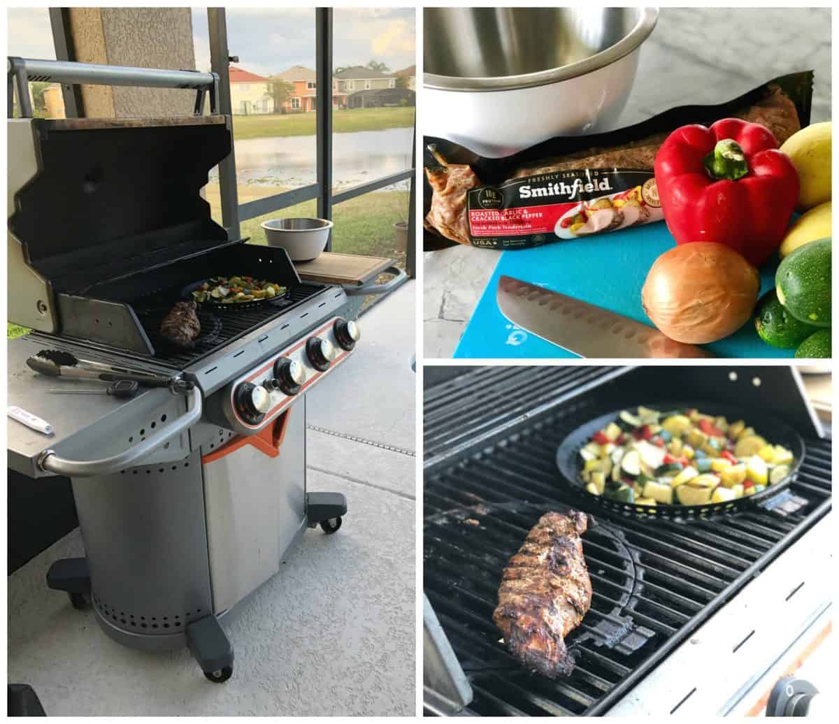 3 photo collage of cooking process for Smithfield Marinated Fresh Pork and veggies on the grill.