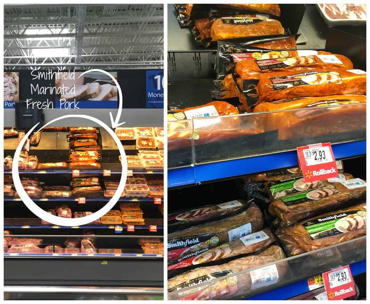 2 photo collage of packaged Smithfield Marinated Fresh Pork in Walmart aisle and shelf view.