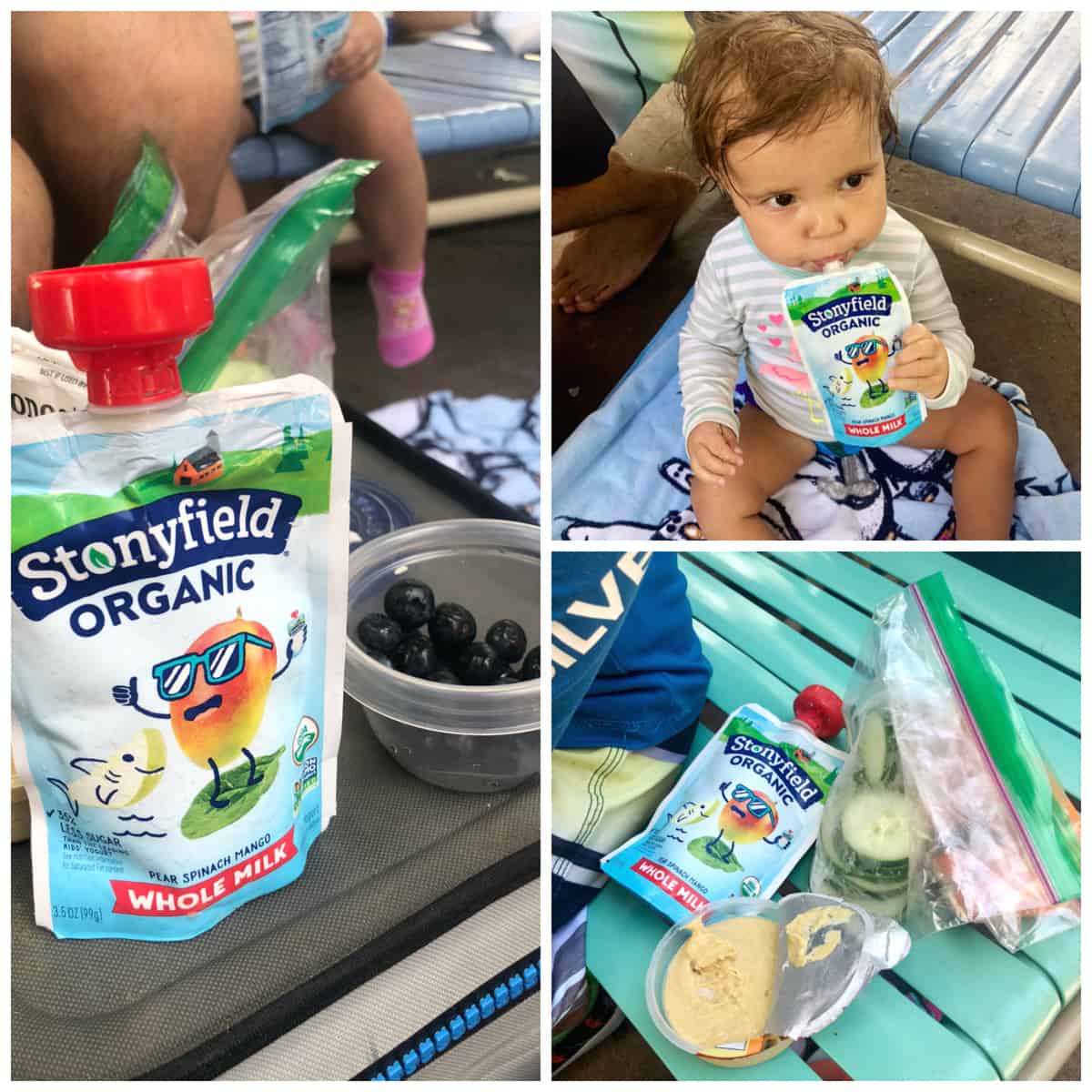 3 photo collage of stonyfield squeeze packs on a cooler, pool chair, and being enjoyed by young girl.