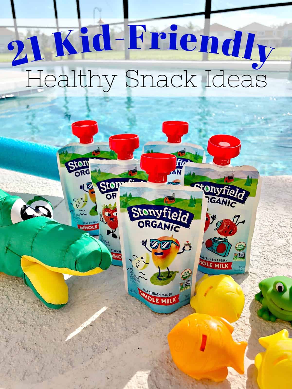 5 snack sized stoneyfield organic kid's squeeze packs next to pool toys by the pool with title text.