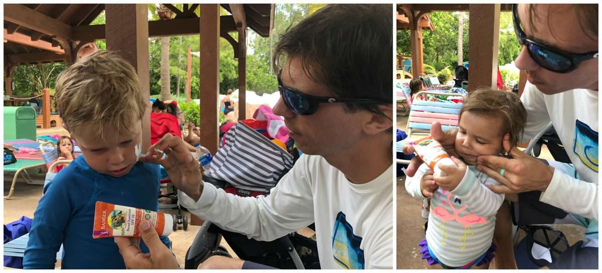 2 photo collage of Badger Sunscreen being applied to young boy and young girl by their dad by a pool.