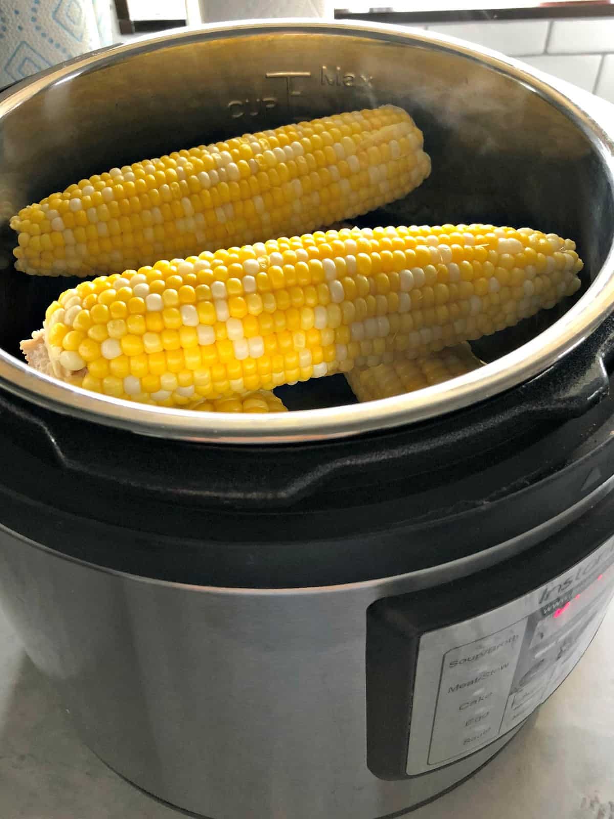 side view of corn on the cob in instant pot.