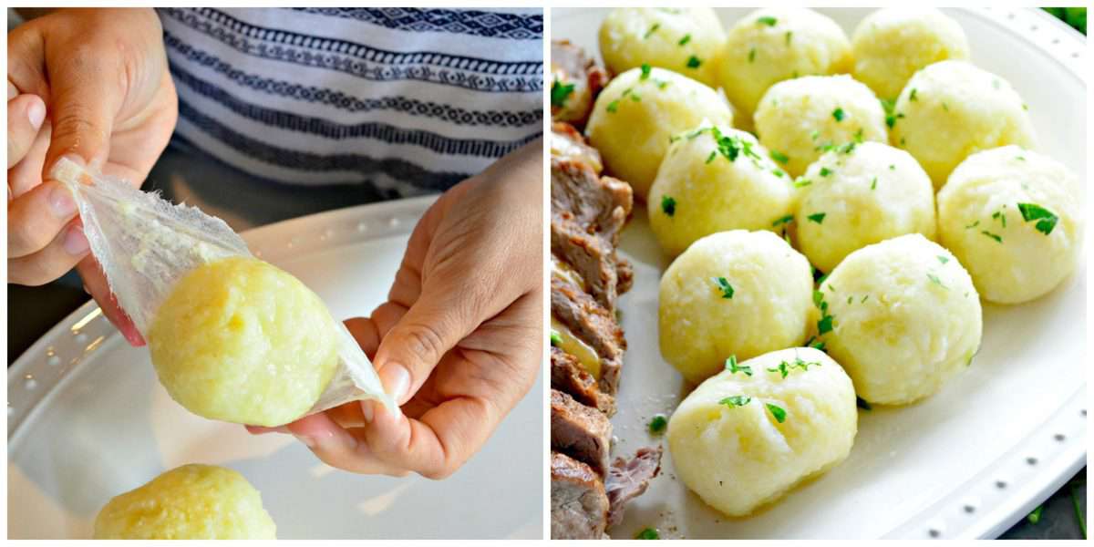 2 photo collage of making potato dumplings.