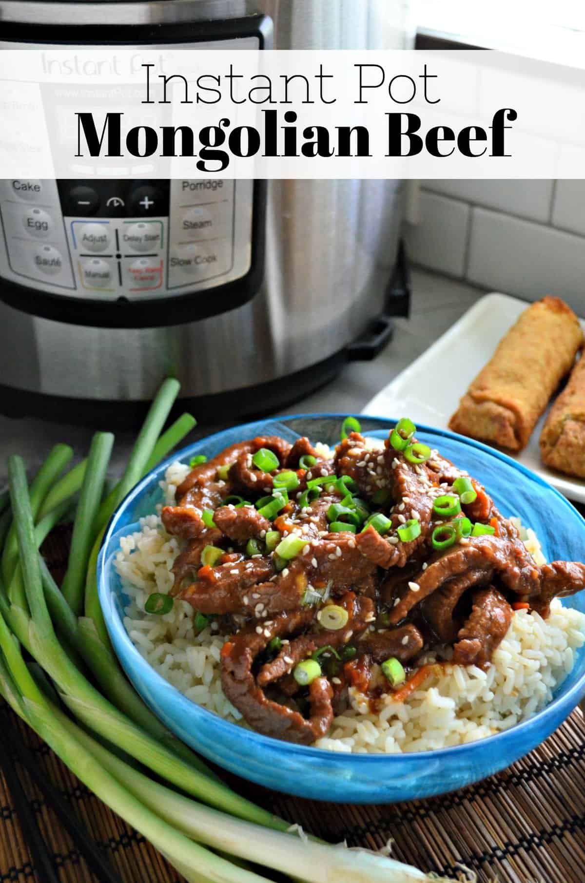 strips of mongolian beef with green onions and sesame seeds over bed of rice with title text.