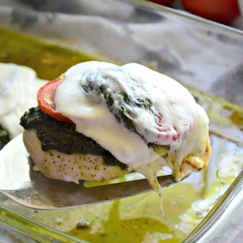 spatula holding up chicken breast with tomato, greens, and melted cheese over casserole dish.