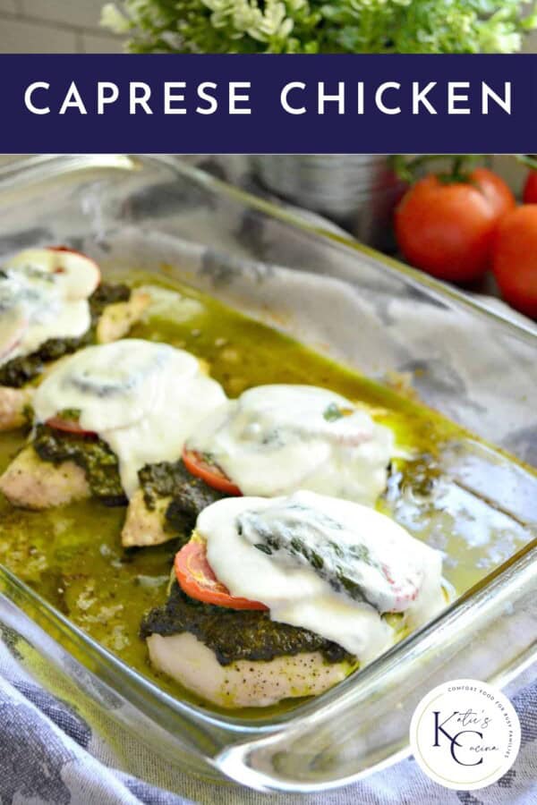 4 chicken breast in a baking dish topped with cheese and tomatoes with text on image for Pinterest.