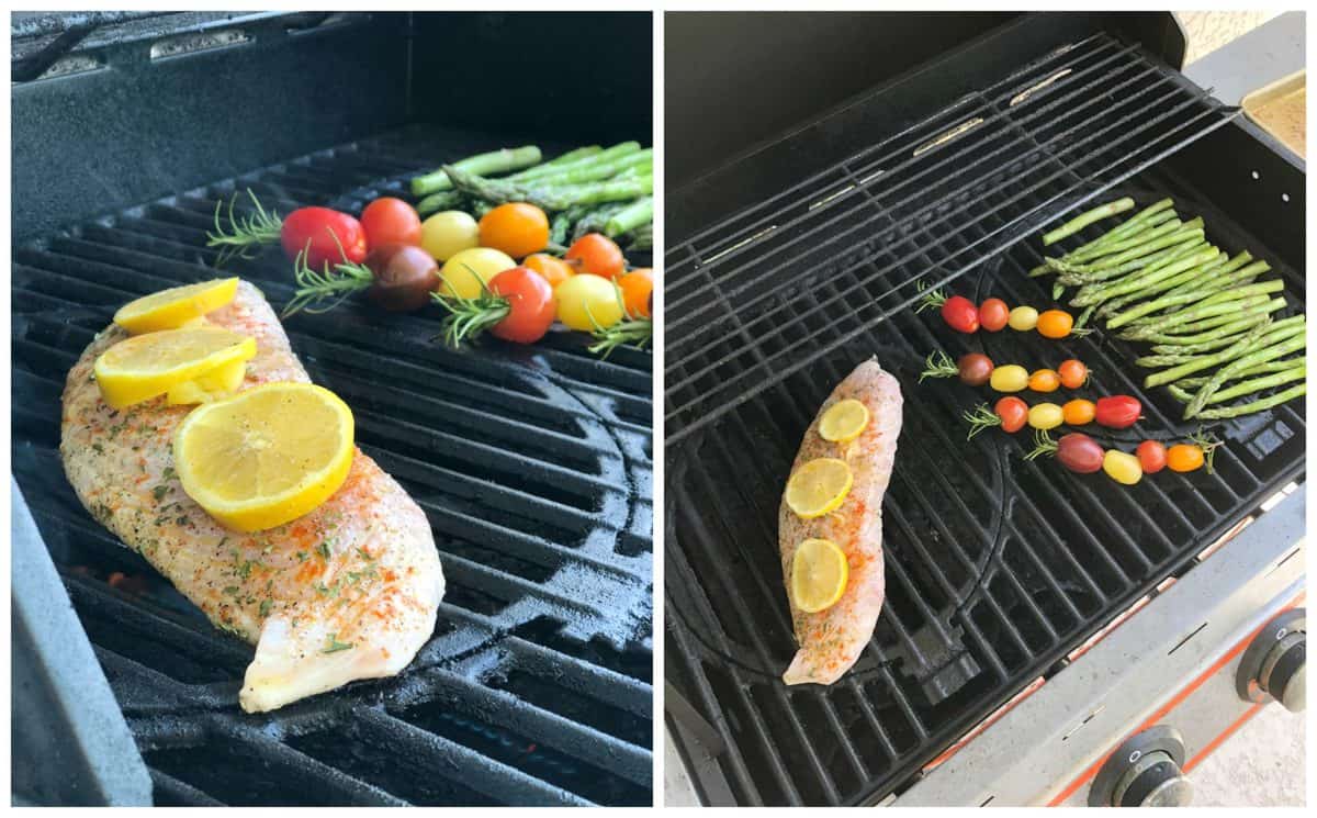2 photo collage on fish, grape tomatoes, and asparagus on the grill.