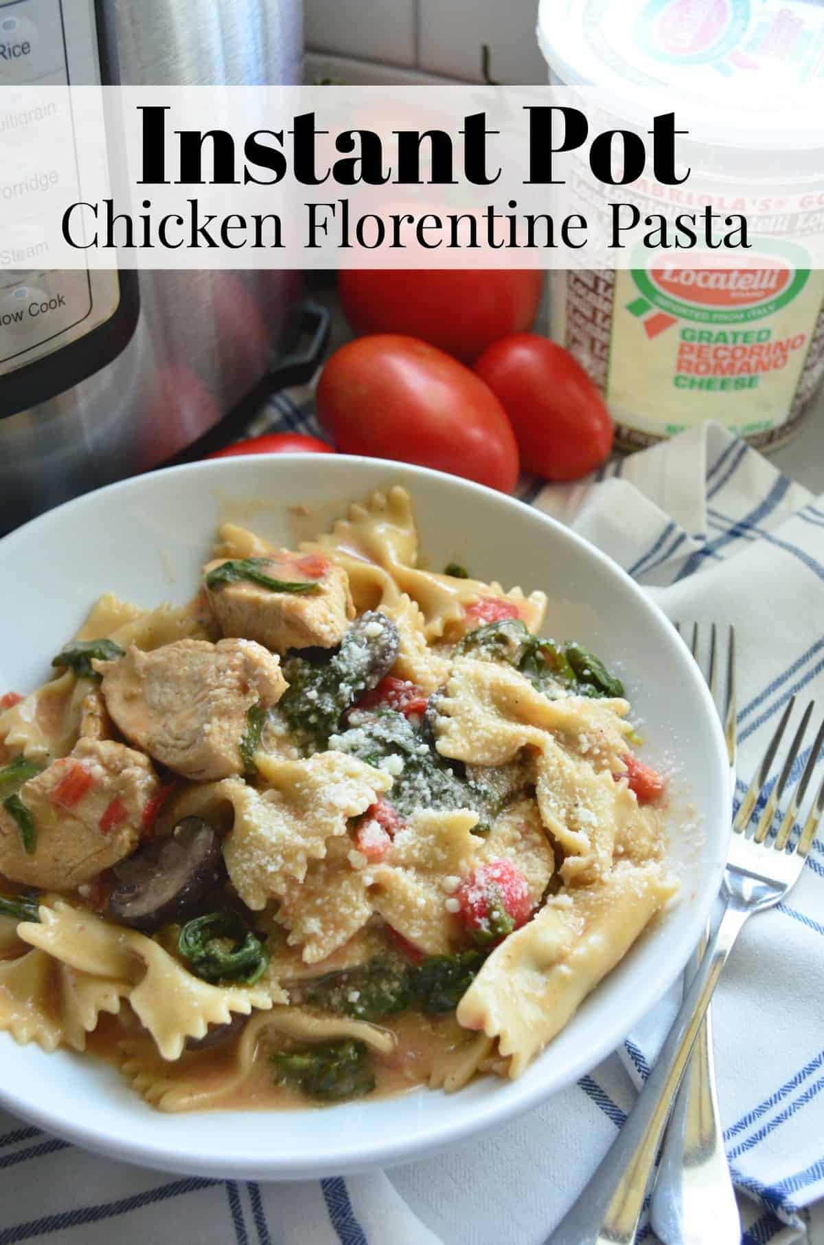 Bowl of bowtie pasta with spinach, mushroom, tomato, and cheese with title text.