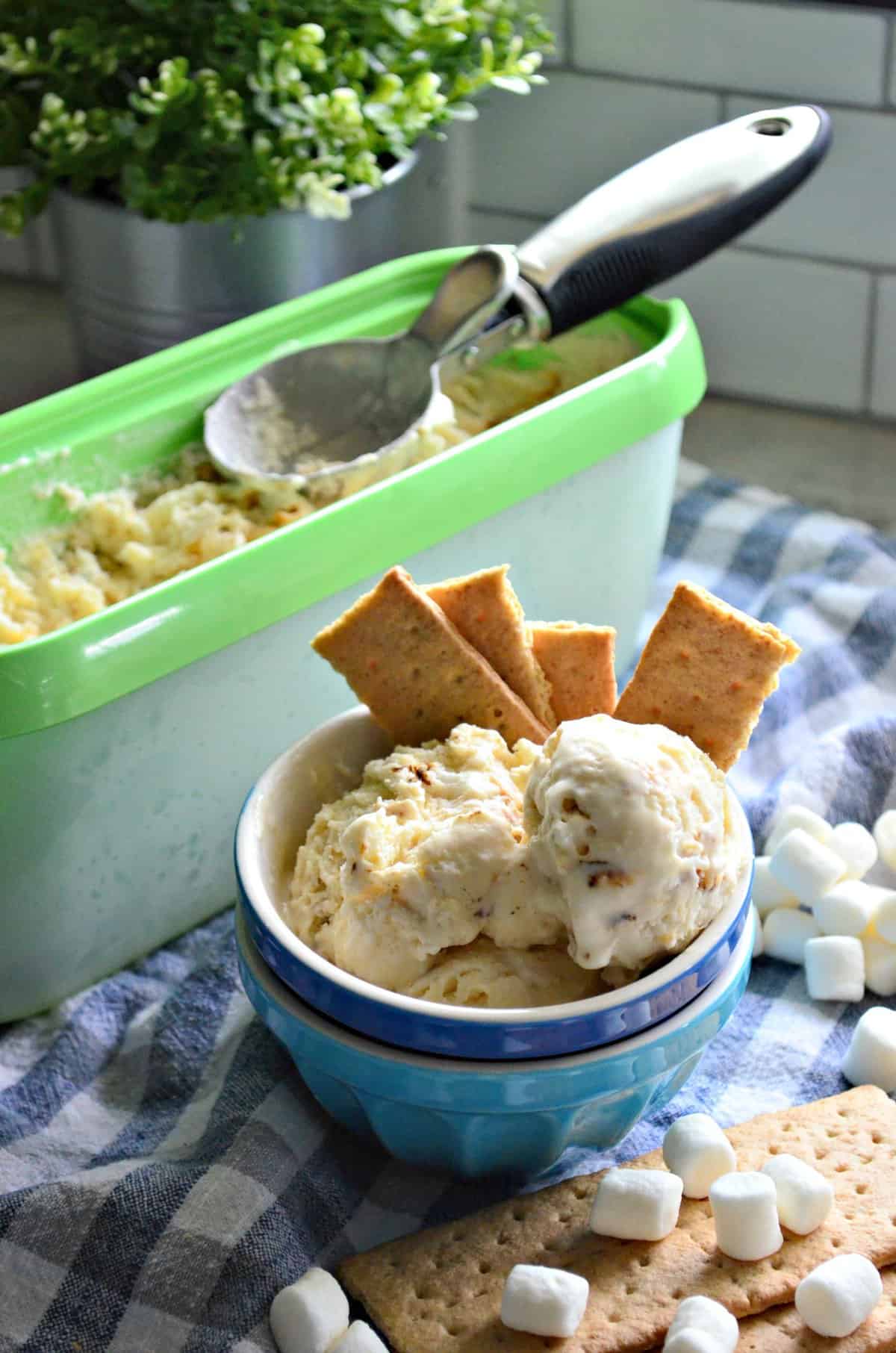 bowl of creamy colored chunky ice cream with graham crackers next to container of more ice cream.