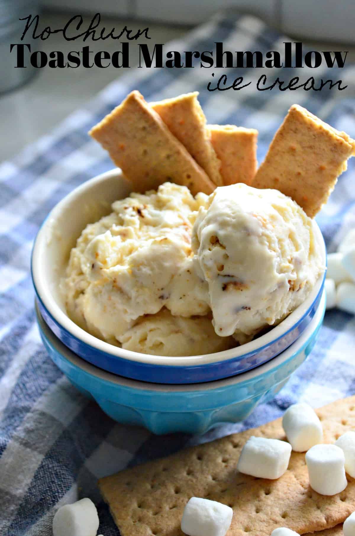 Closeup bowl of creamy colored chunky ice cream with graham crackers and title text.