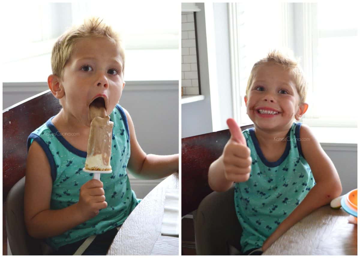 2 photo collage of young boy eating popsicle and giving it a thumbs up.