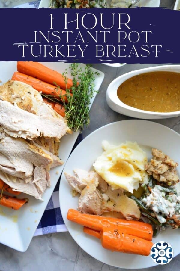 Top view of a turkey dinner with mashed potatoes, carrots, and gravy with recipe title text on image for Pinterest.