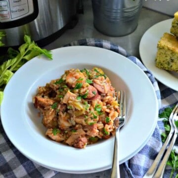 Instant Pot Chicken, Andouille Sausage, and Shrimp Jambalaya comfort food dinner