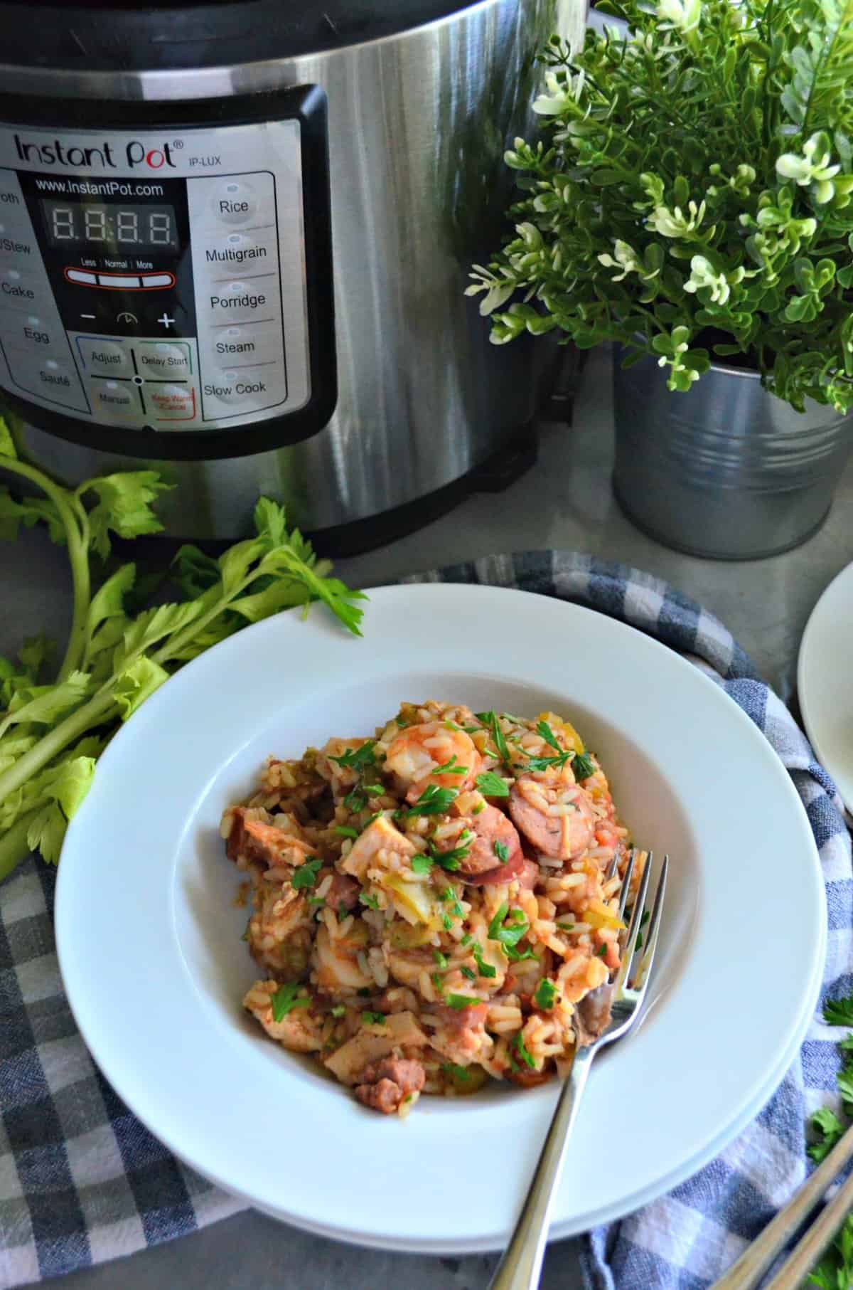 Instant Pot Chicken, Andouille Sausage, and Shrimp Jambalaya in a bowl with rice in front of instant pot.