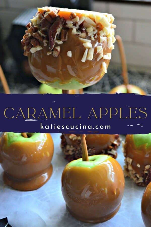 Two photos of caramel apples split by recipe title text on image for Pinterest.