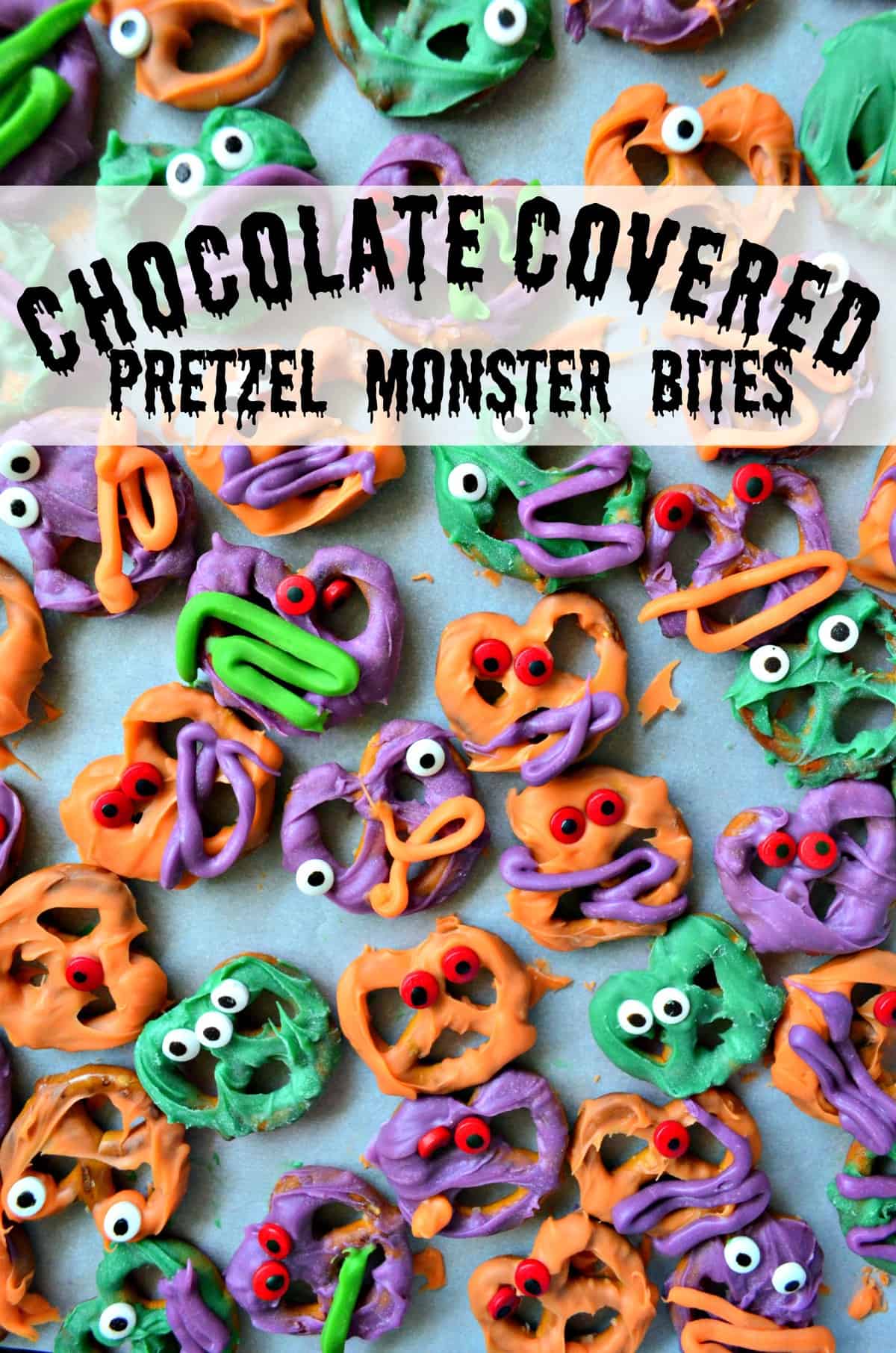 Green, orange, and purple chocolate covered pretzels with red and white candy eyes and title text.