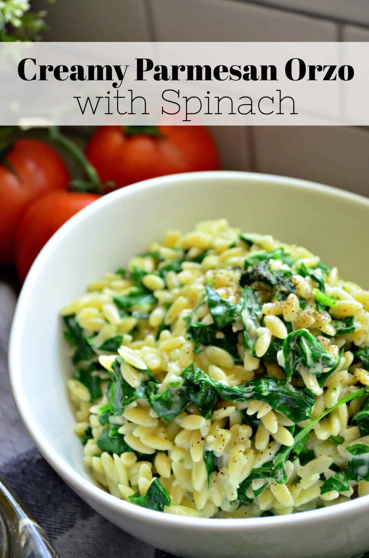 Creamy Parmesan Orzo with Spinach in bowl with title text.
