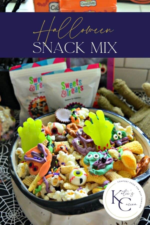 Snack mix filled with bugels, chocolates, pretzels, popcorn, and sprinkles with recipe title text on image for Pinterest.