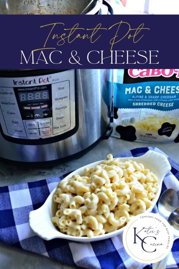 Top view of a dish of macaroni and cheese with recipe title and logo on corner for Pinterest.