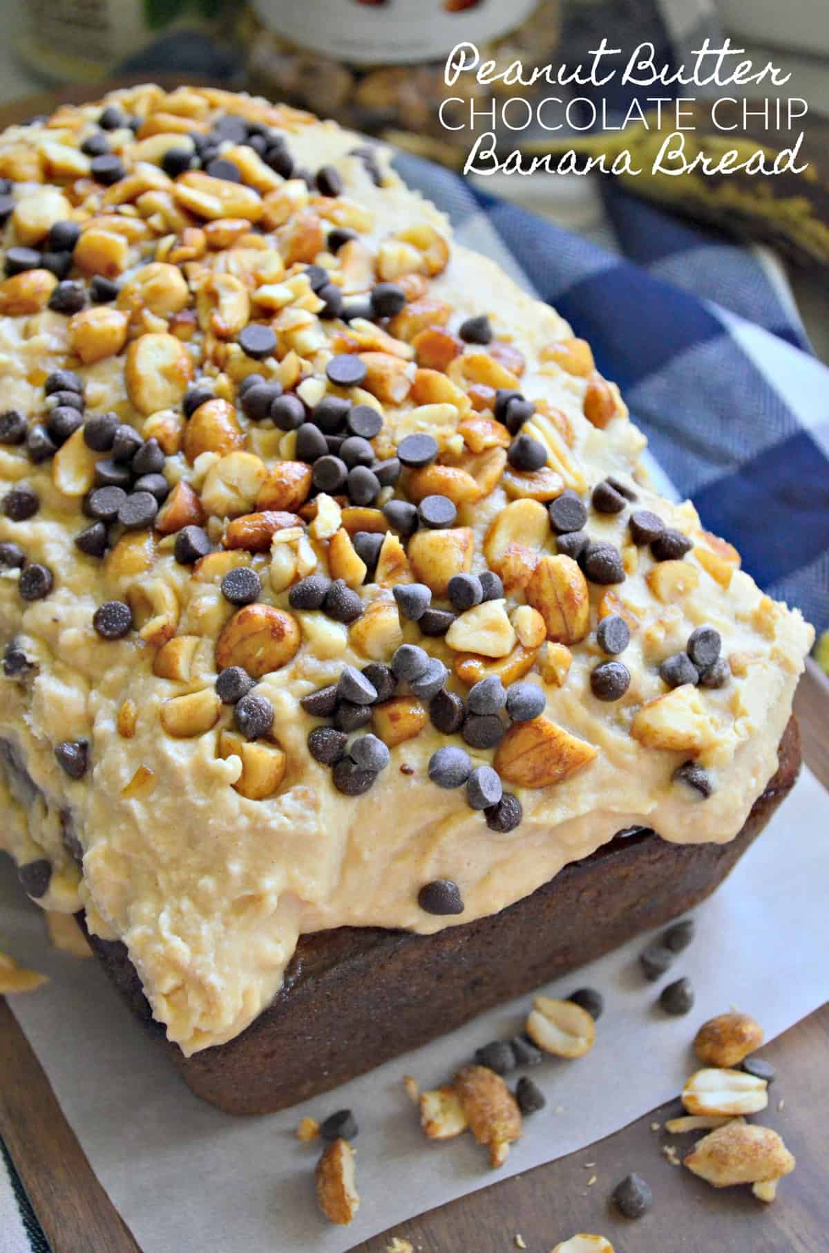 closeup of banana bread smothered in light brown mixture topped with nuts and chocolate chips.