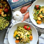 Pesto Bucatini with Shrimp and Grape Tomatoes