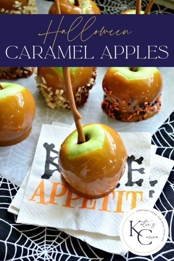 Caramel apples on parchment with one on a "bone appetite" napkin with recipe title text on image for Pinterest.