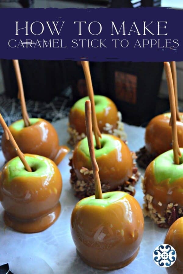 Eight caramel apples on parchment paper with recipe title text on image for Pinterest.