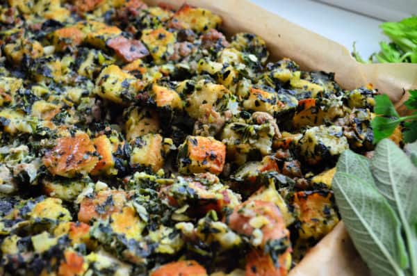 Sheet Pan Bread Stuffing with Sausage + Spinach