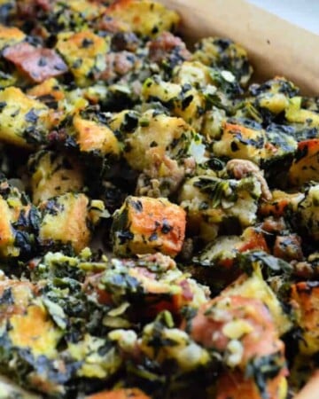 Sheet Pan Bread Stuffing with Sausage + Spinach
