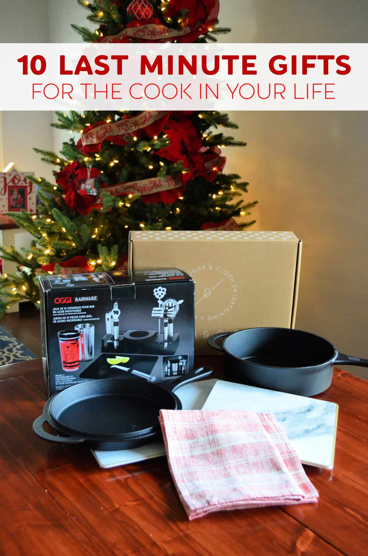 Christmas tree with kitchen items in front of it with title text.