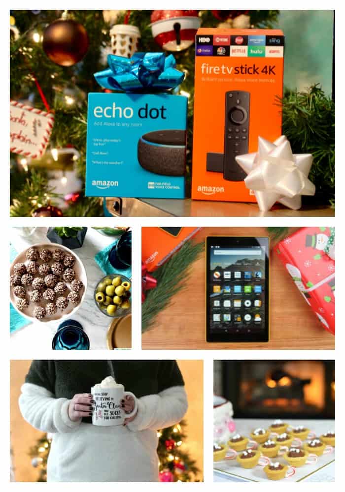 Collage of Amazon products with christmas decorations in each photo.