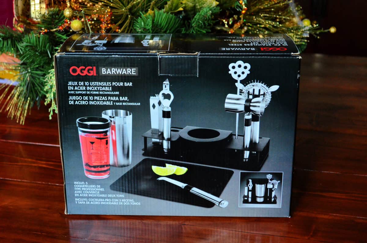 Oggi Pro Stainless-Steel 10-Piece Cocktail Shaker and Bar Tool Set in front of Christmas tree.