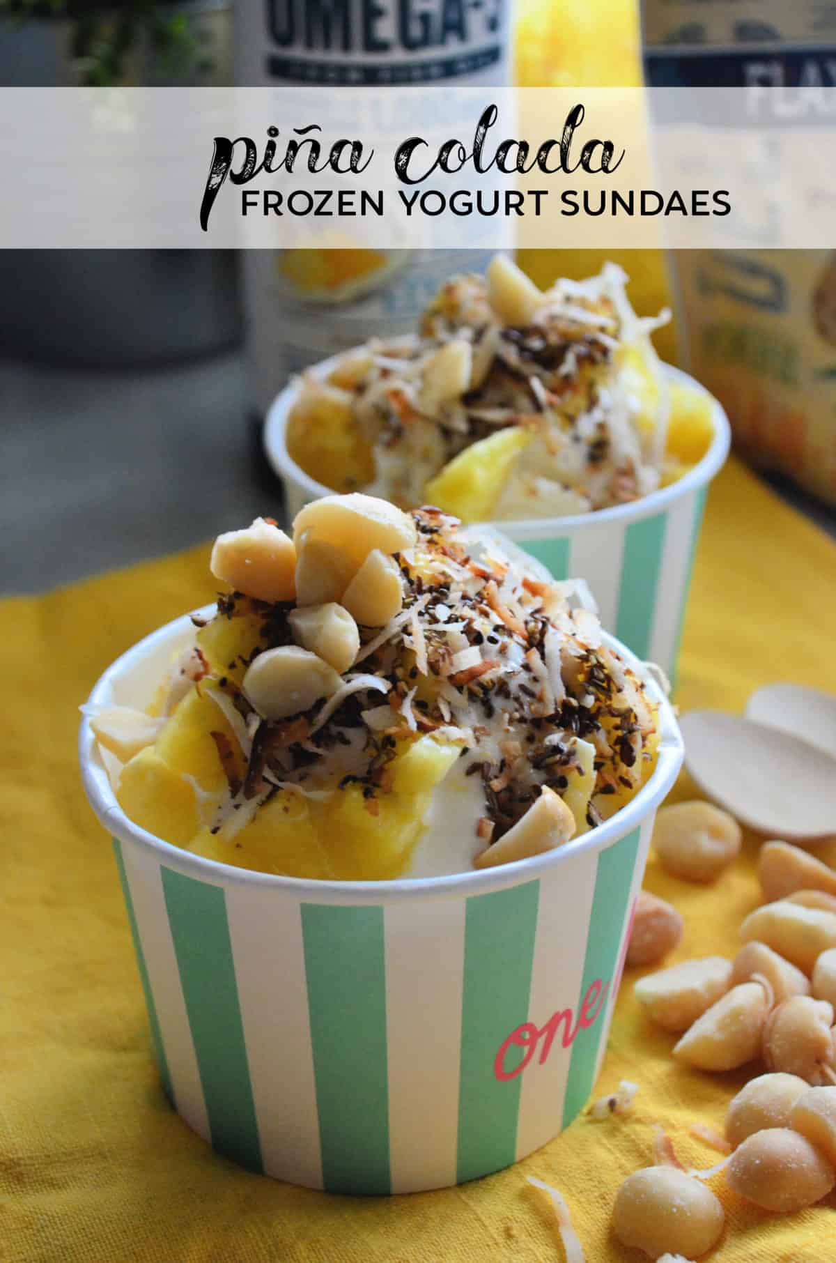 2 sundaes in paper cups topped with macadamia nuts, coconut shavings, and pineapple with title text.