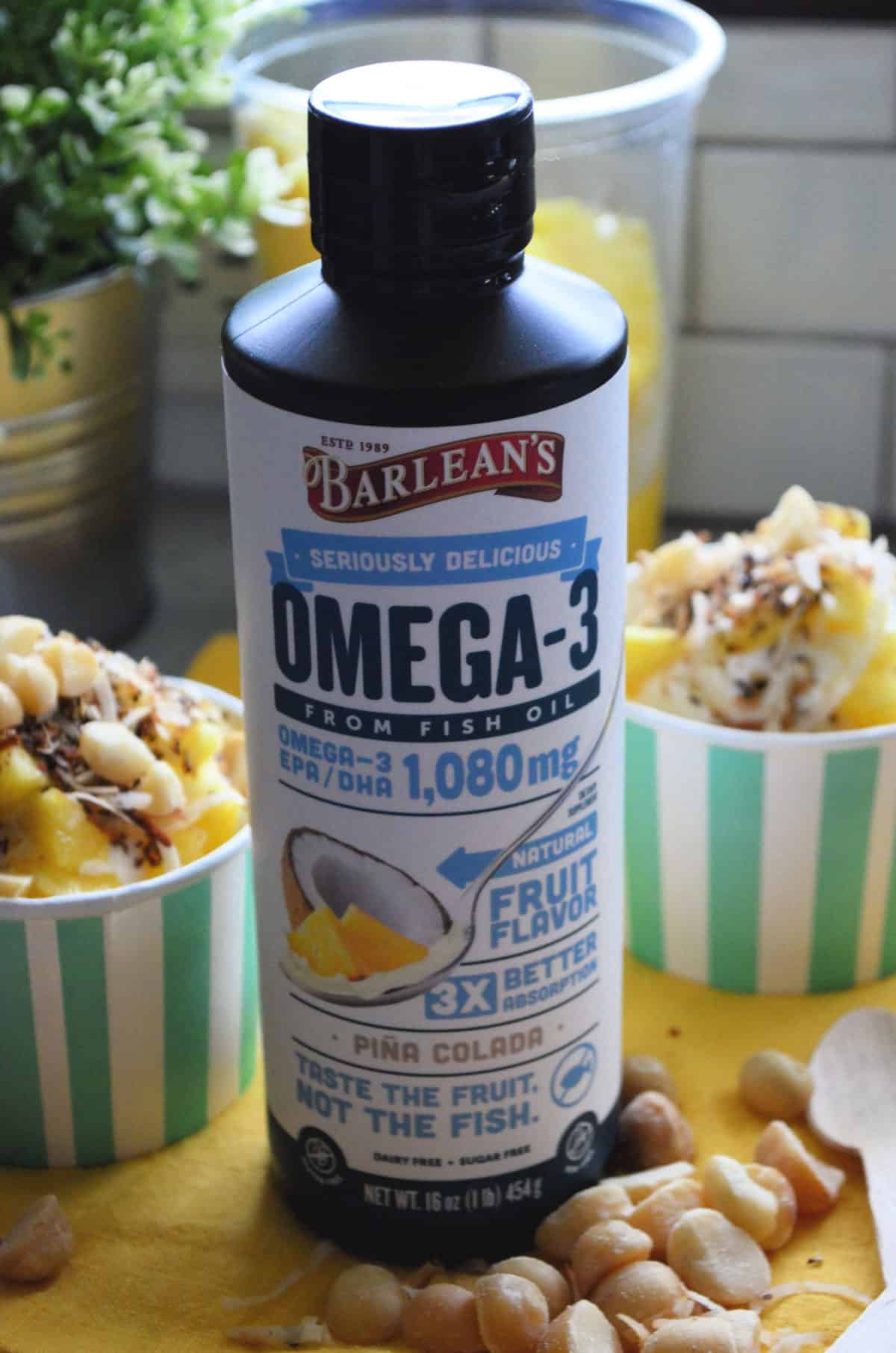 Seriously Delicious™ Omega-3 Fish Oil Piña Colada flavor in a bottle.