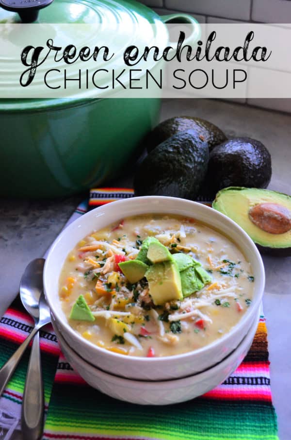 Bowl of soup with corn, tomatoes, avocado, beans, cheese visible with pinterest title text.
