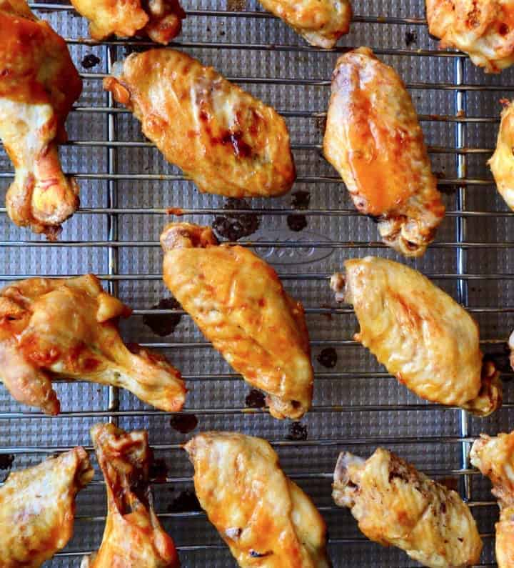 top view of chicken wings on baking rack.