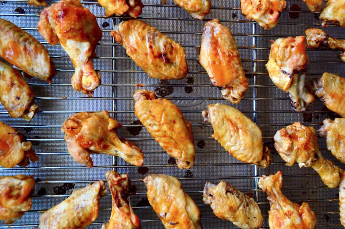 top view of chicken wings on baking rack.