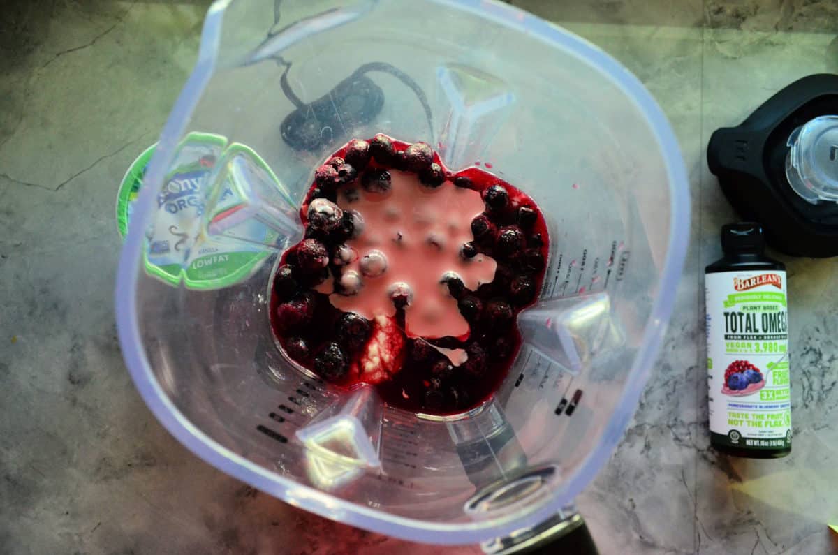 Top view of blueberries and yogurt in blender next to total omega bottle.