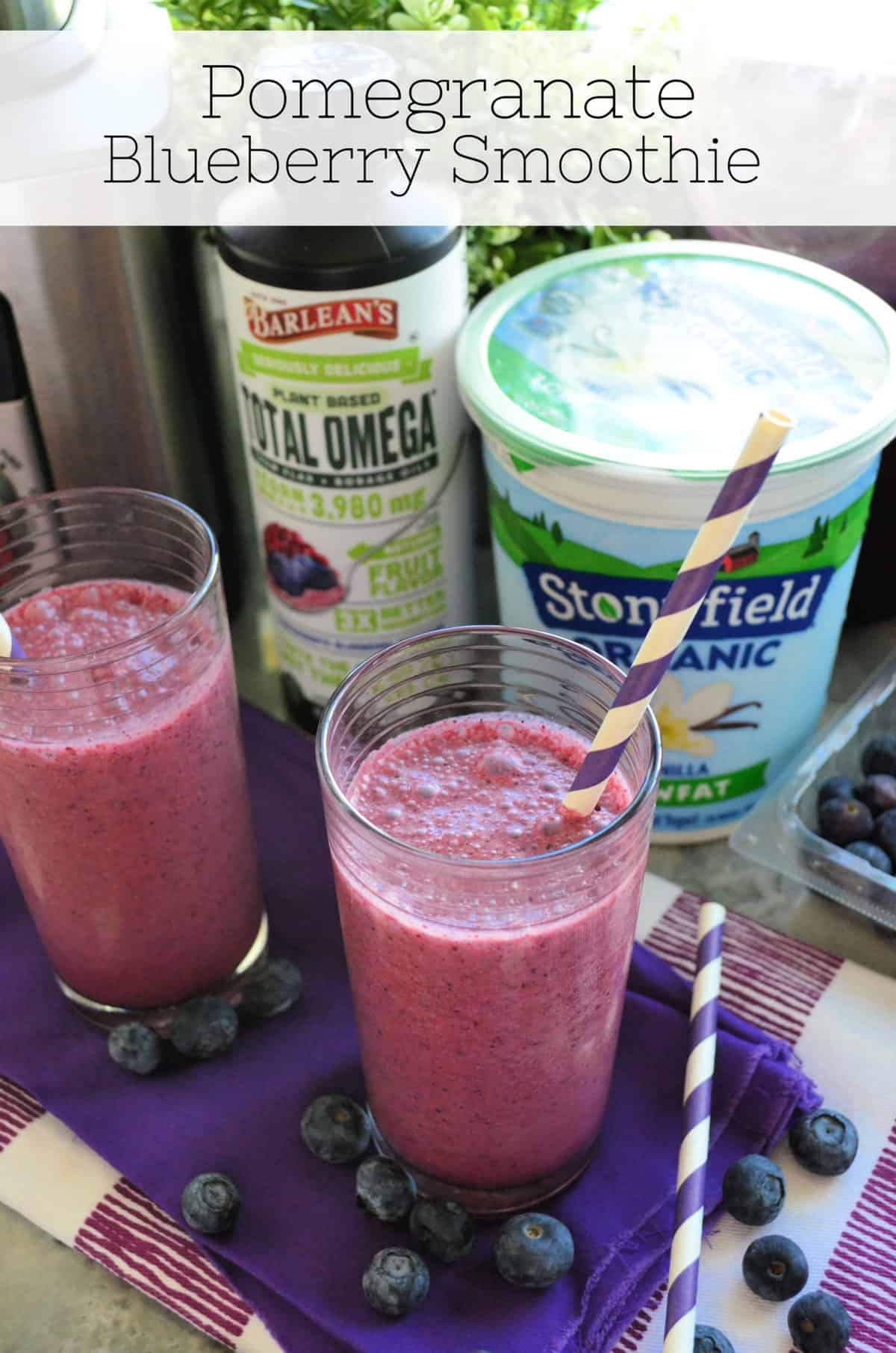 Two glasses of purple blended liquid with paper straws on purple tablecloth with title text.