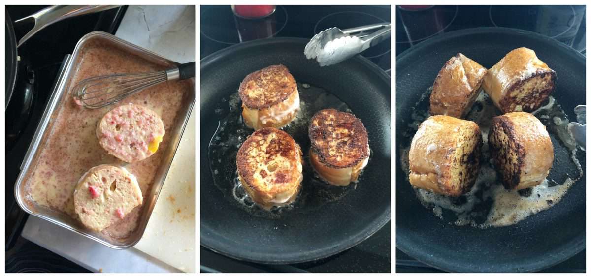 3 photo collage of strawberry cream cheese french toast being dipped in mixture and cooked in pan.