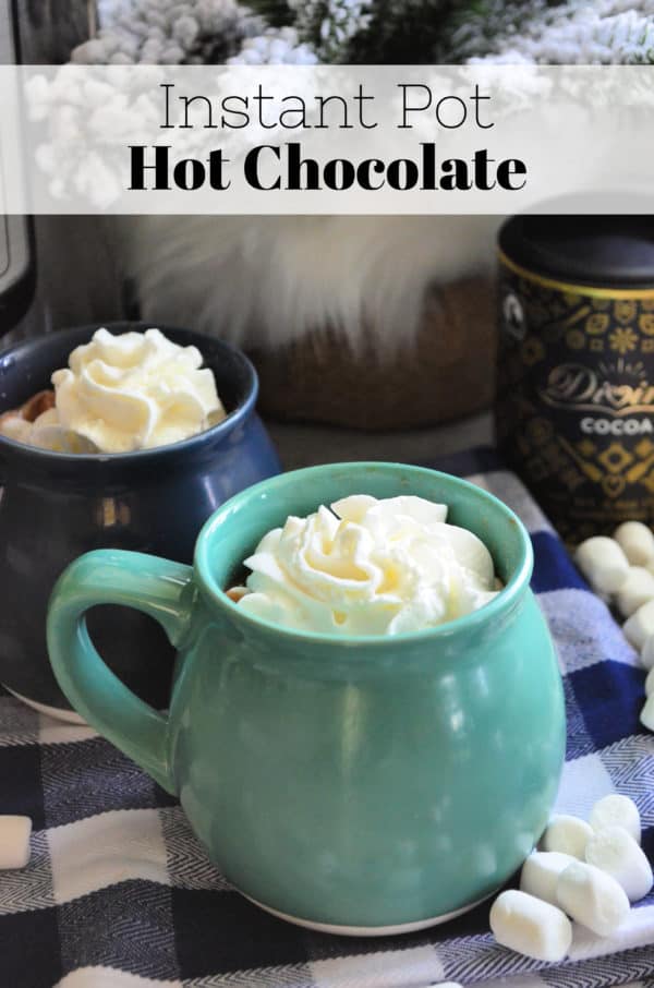 two mugs on tablecloth with whipped cream showing from the top of the mug with pinterest title text.