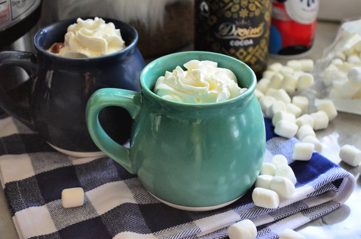 two mugs with whipped cream showing from the top on checkered tablecloth with mini marshmallows.
