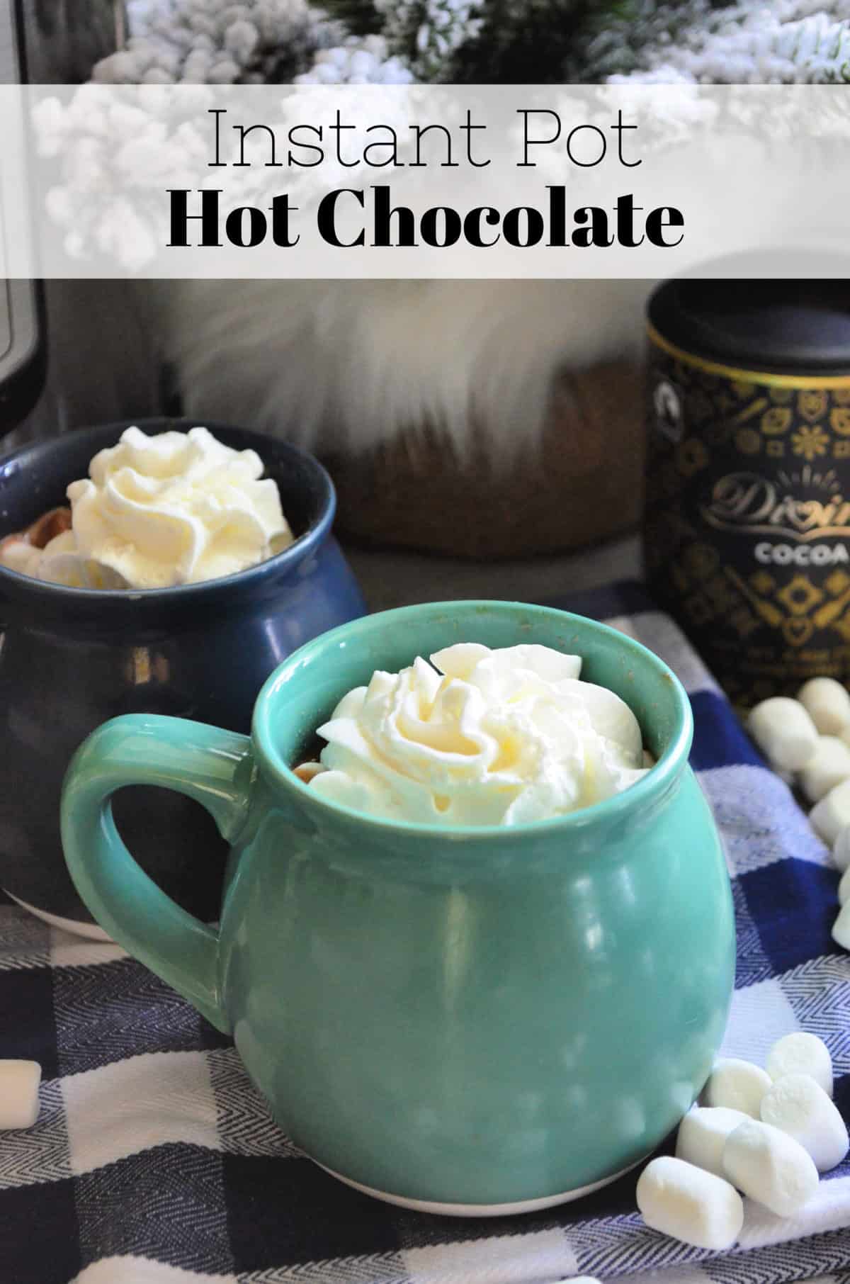 two mugs with whipped cream showing from the top on checkered tablecloth with title text above.