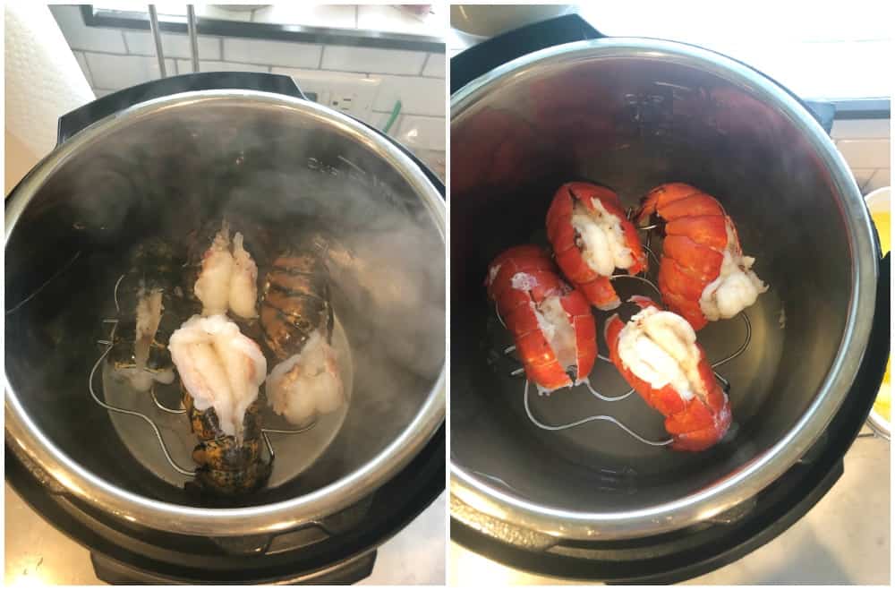 collage with pre-cooked and cooked lobster tails in instant pot.