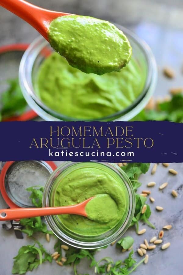 Two photos with text on image for Pinterst top of an orange spoon with a green sauce, bottom of a jar with green sauce.