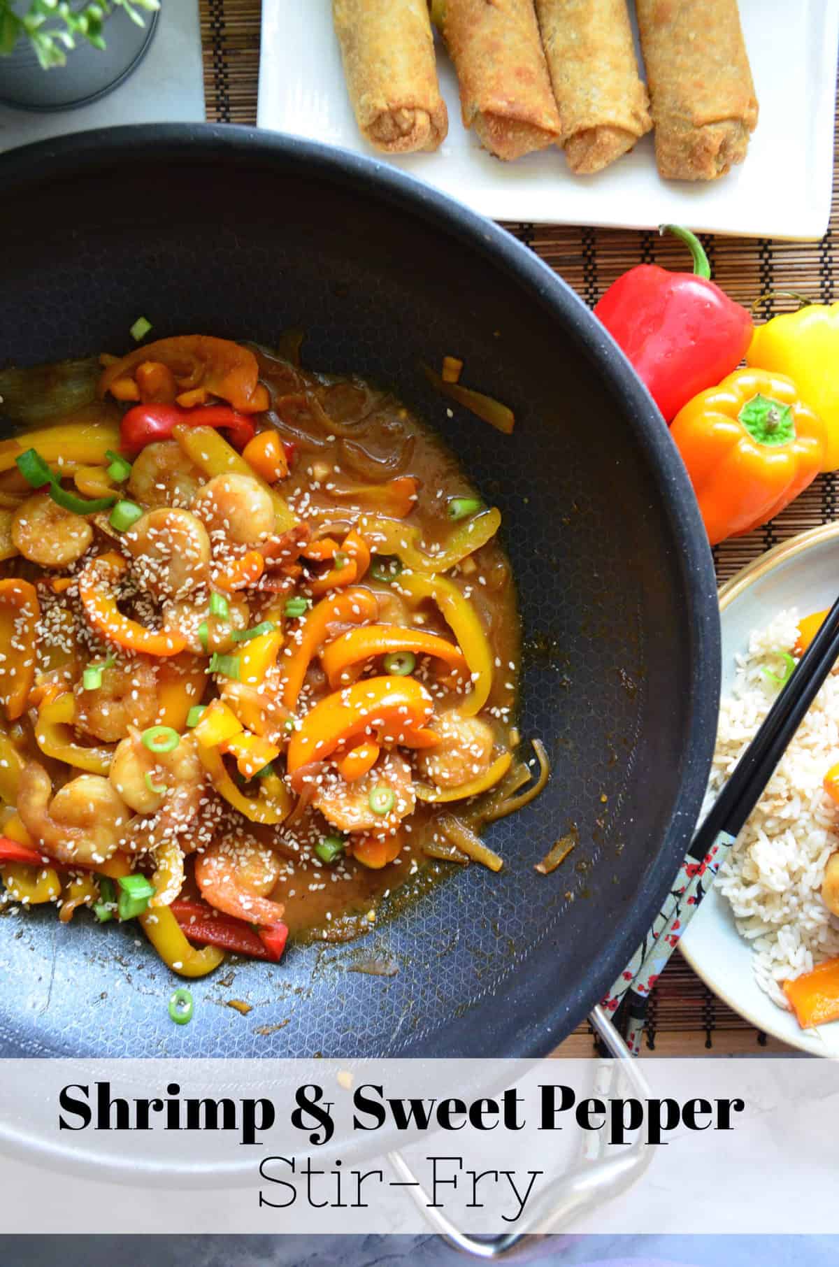 sauce, shrimp, peppers, green onions, and sesame seeds in wok with title text.