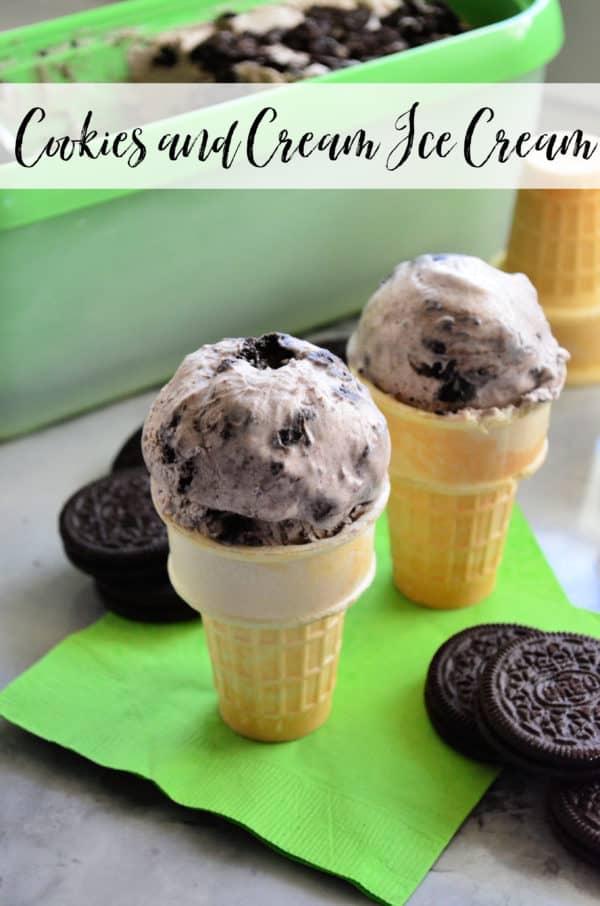 2 cones with one scoop each of cookies and cream ice cream with pinterest title text.